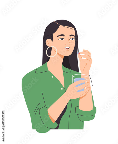 Person takes pill. Smiling woman holding glass of water and taking cure or vitamins for treatment and prevention of diseases. Pharmacy and medicine. Flat vector illustration isolated on background