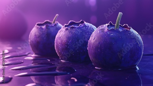 Close-up of fresh blueberries on a reflective surface with water droplets and a purple background