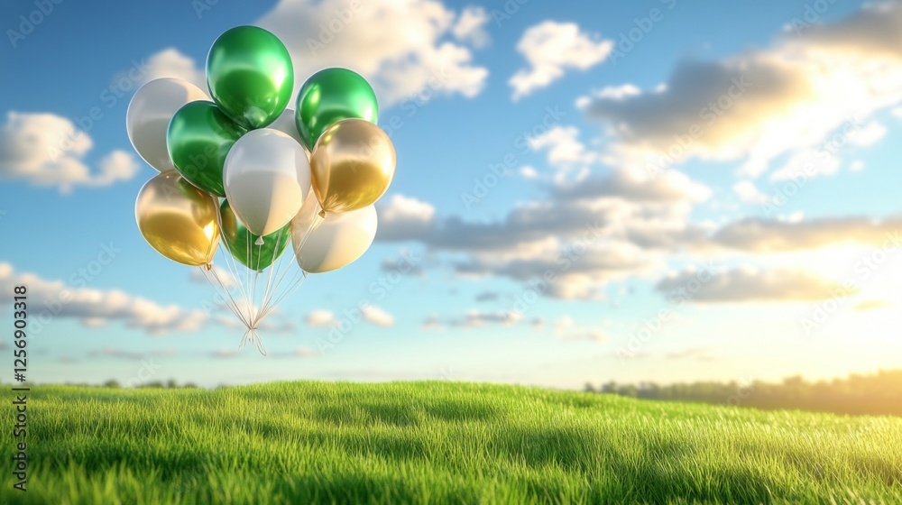 Naklejka premium Green Gold White Balloons Float Over Grassy Field
