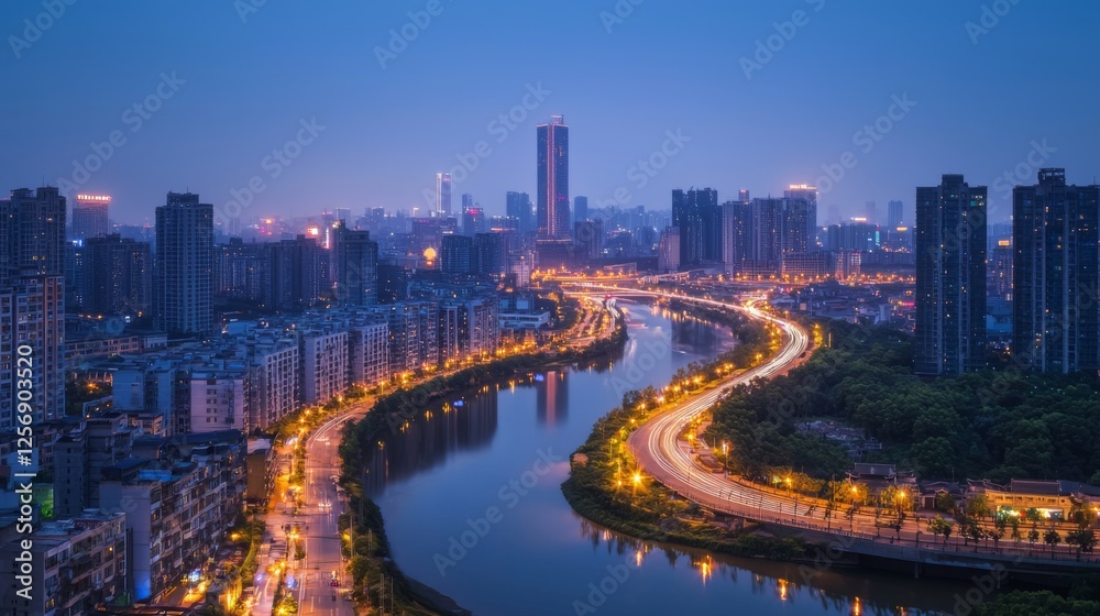 Scenic City Skyline at Dusk Featuring River and Urban Landscape with Illuminated Buildings and Night Lights Scenic City Skyline at Dusk Featuring River and Urban Landscape with Illuminated Buildings and Night Lights