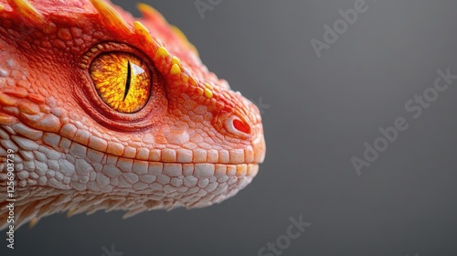 Close-up of a vibrant orange lizard with striking yellow eyes against a dark background
