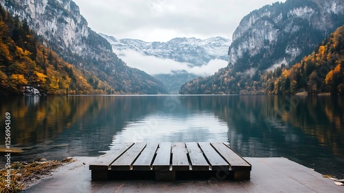 Stunning serene landscape featuring a wooden dock situated by a calm lake surrounded by mountains : Generative AI photo