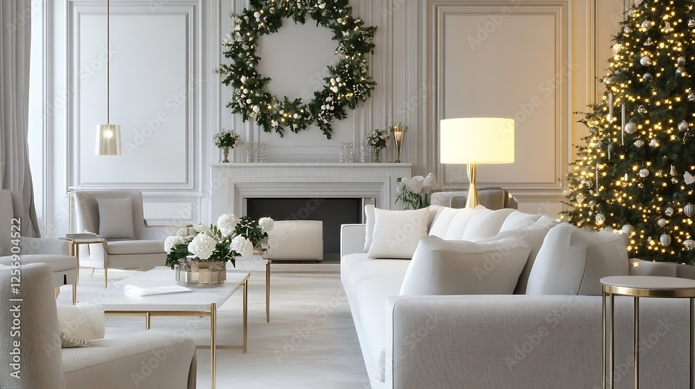 Fototapeta premium Elegant modern living room adorned with festive decorations showcasing a Christmas tree and stylish furnishings : Generative AI