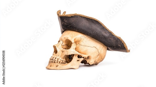 A pirate skull wearing a classic tricorn hat, set against a clean white background, symbolizing adventure