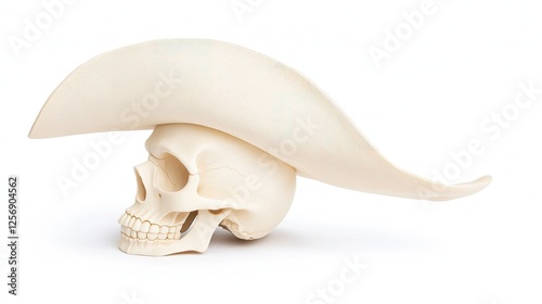 Artistic representation of a skull wearing a large sombrero, isolated on white background