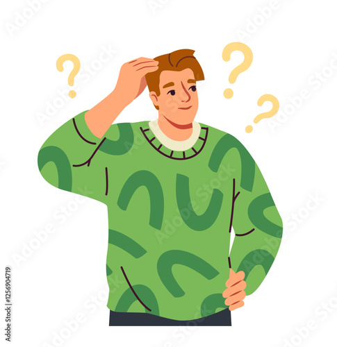 Thoughtful person. Young pensive man surrounded by question marks thinking about something or coming up with idea. Brainstorming for problem solving. Flat vector illustration isolated on background