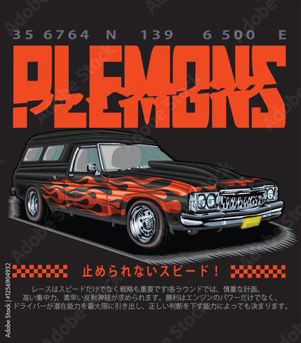 Outline red racing car, isolated on a black background, for t-shirt design, print, and for business, purposes.