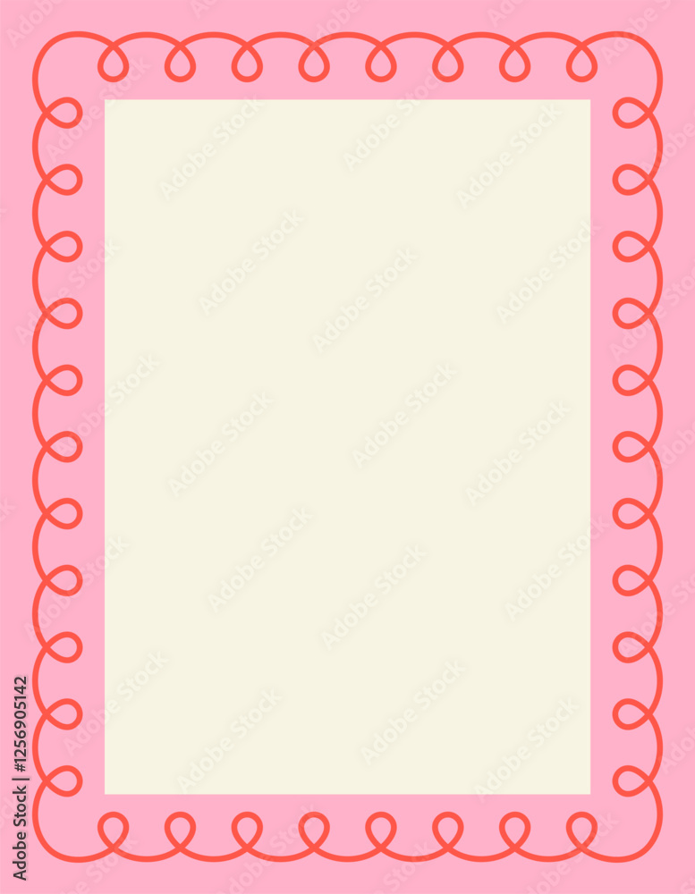 Retro frame. Vintage bright poster with wavy curved ornament and geometric border. Blank scalloped template. Design element for invitation card with copy space. Flat vector illustration