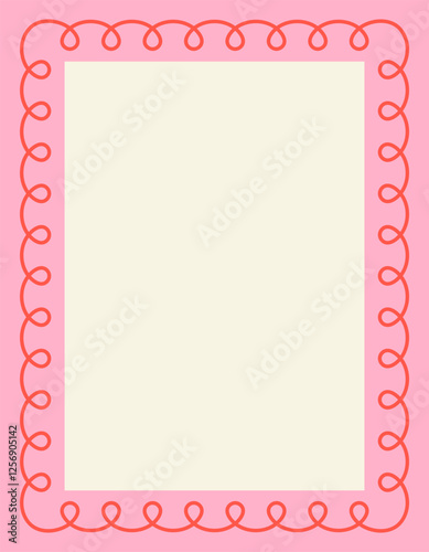 Retro frame. Vintage bright poster with wavy curved ornament and geometric border. Blank scalloped template. Design element for invitation card with copy space. Flat vector illustration