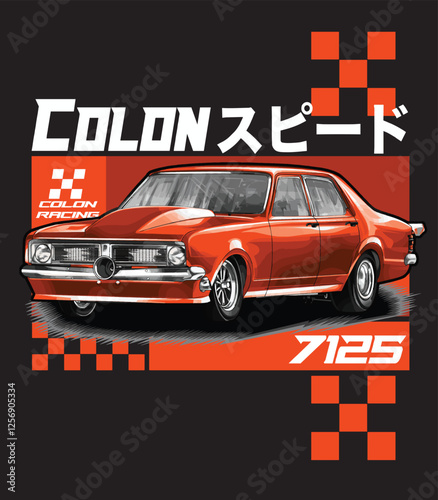 Outline orange racing car, isolated on a black background, for t-shirt design, print, and for business, purposes.