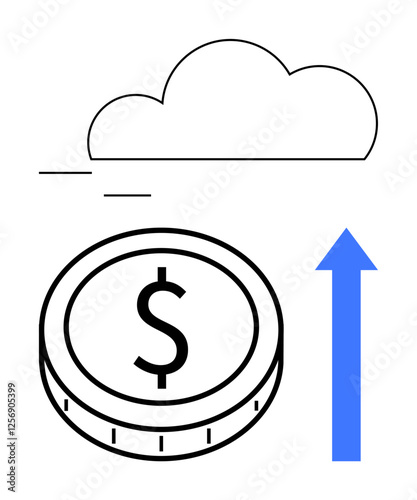 Dollar coin and upward arrow under a cloud outline evoke economic growth, innovation, and digital trends. Ideal for finance, cloud tech, startups, economy, investment, growth abstract line flat