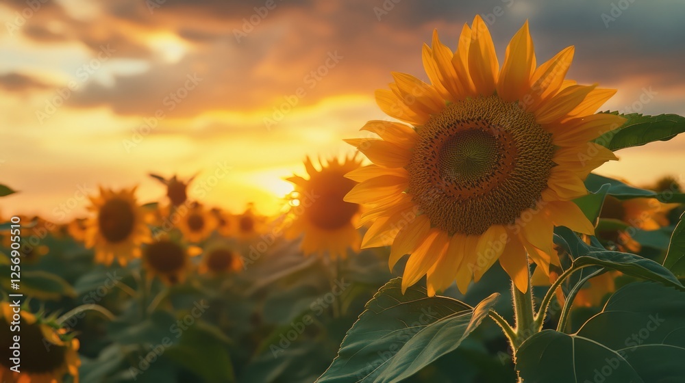 Obraz premium Golden Sunflowers in a Field at Sunset