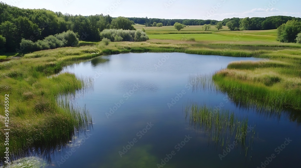 Serene lake view surrounded by lush green vegetation reflecting the blue sky and clouds : Generative AI Serene lake view surrounded by lush green vegetation reflecting the blue sky and clouds : Generative AI