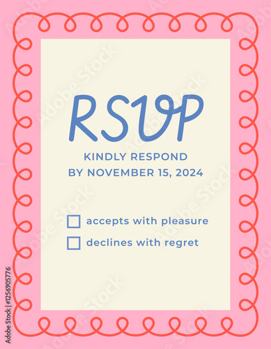 Retro invitation card. Trendy doodle card with pink geometric frame and wavy edges. Vintage party invitation template. Design element for celebrating holiday or event. Flat vector illustration