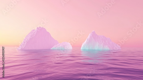 Serene pastel landscape featuring icebergs floating in calm waters during a sunset
