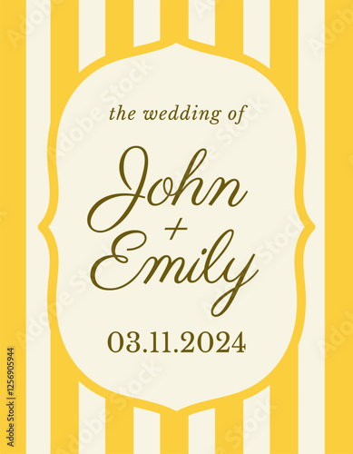 Retro invitation card. Vintage wedding invitation with geometric striped pattern and scalloped edge frame. Design element for celebrating holiday or event. Flat vector illustration