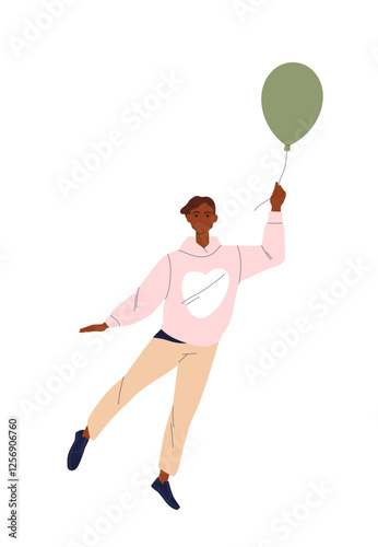 Happy person flying with balloons. Smiling man holding balloon and flying up to clouds. Dreamy Carefree Character. Concept of freedom and joy. Flat vector illustration isolated on background