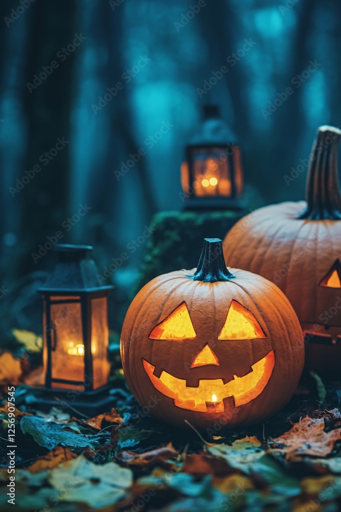 Fototapeta premium Pumpkins are glowing in the dark forest on halloween night, casting a warm candlelight glow
