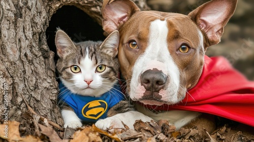Superhero pets posing together in a cozy outdoor setting with autumn leaves and tree trunk