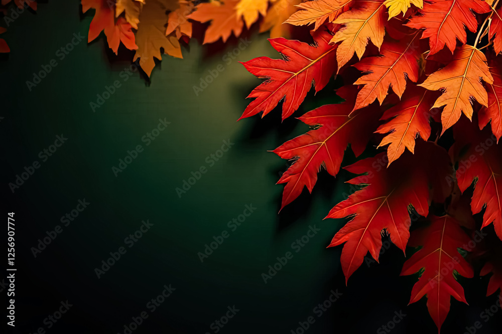 Vibrant autumn oak leaves in rich red, orange, and yellow hues cascading over a deep green background, elegant seasonal composition, perfect for fall aesthetics, nature-inspired designs, and decor. Vibrant autumn oak leaves in rich red, orange, and yellow hues cascading over a deep green background, elegant seasonal composition, perfect for fall aesthetics, nature-inspired designs, and decor.