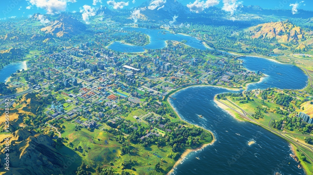 Aerial View of a Lush Urban Landscape Surrounded by Rivers and Mountains with Vibrant Greenery and Clear Blue Skies Aerial View of a Lush Urban Landscape Surrounded by Rivers and Mountains with Vibrant Greenery and Clear Blue Skies