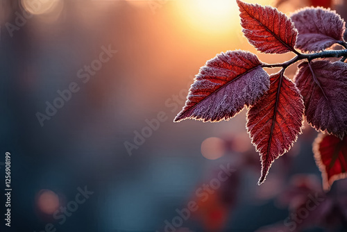 Frost-covered autumn leaves bathed in golden sunlight at dawn, creating a stunning contrast between warm and cool tones, symbolizing the beauty of seasonal transitions in nature. photo