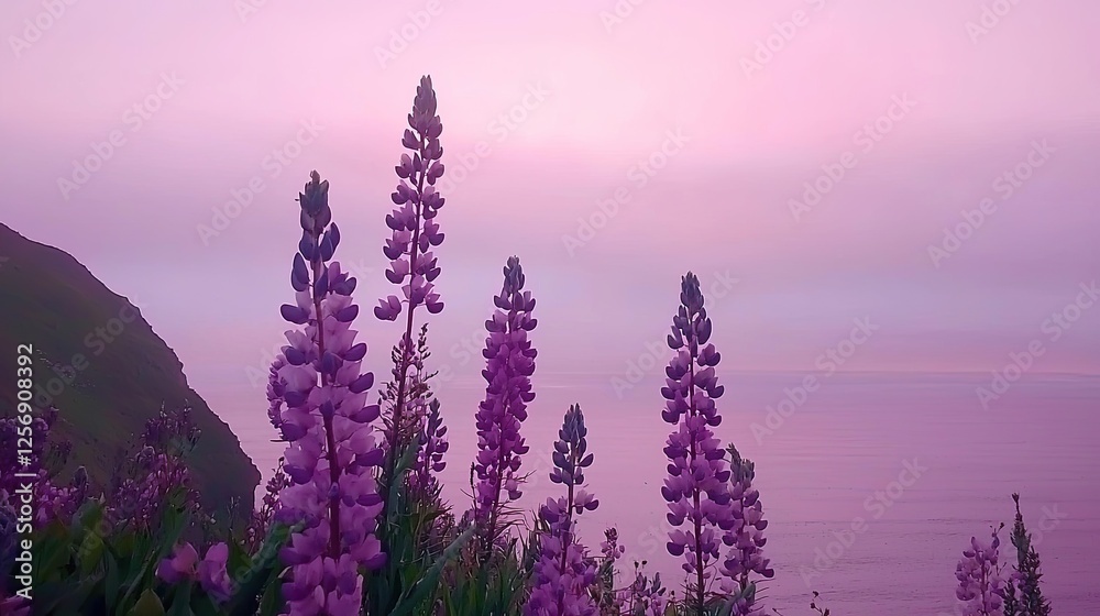 Naklejka premium Serene coastal landscape featuring vibrant purple flowers against a pastel sunset sky
