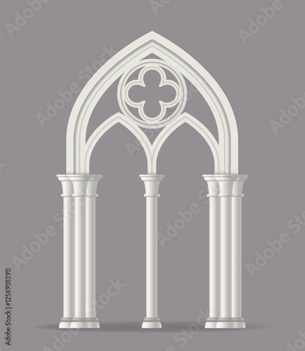 Medieval marble arch. Traditional Roman architecture. Ornate ancient gate with stone columns. Antique entrance to castle or palace. Realistic 3D vector illustration isolated on background