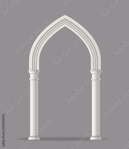 Medieval marble arch. Antique Arabic gates with columns and pillars made of natural stone. Ancient Traditional Greek and Roman Architecture. Realistic 3D vector illustration isolated on background