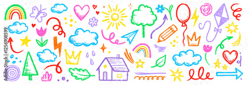 Kid crayon chalk line cloud, flower children element set. Hand drawn crayon doodle sketch childish element set. Chalk heart, cloud, flower color cute design element background. Vector illustration