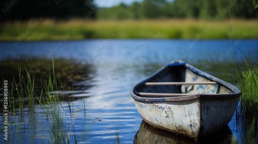 Serene view of a rustic boat floating gently on calm waters surrounded by lush greenery : Generative AI Serene view of a rustic boat floating gently on calm waters surrounded by lush greenery : Generative AI