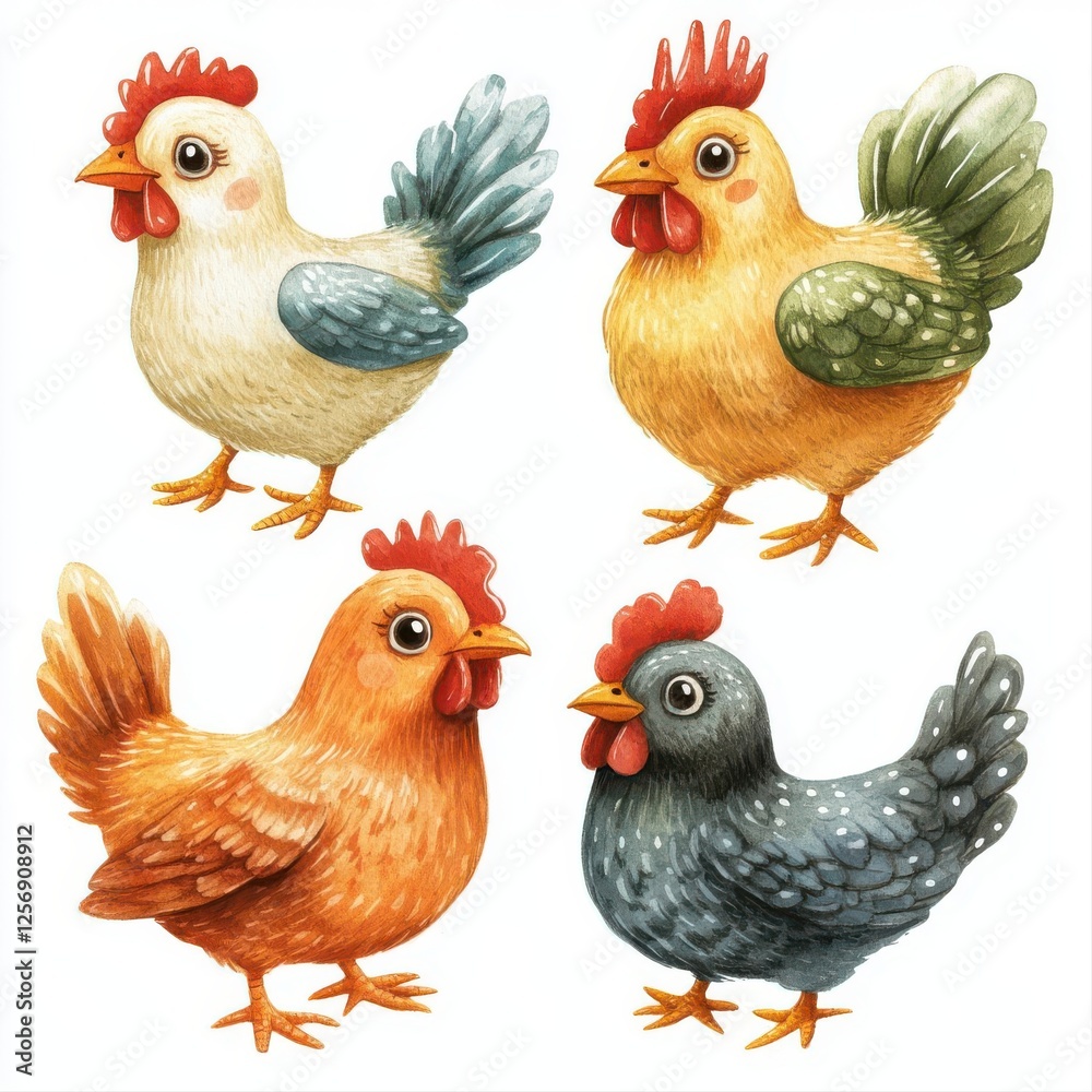 Fototapeta premium Colorful Cartoon Chicken Illustration - Vibrant and Playful Farmyard Art with Cute Characters