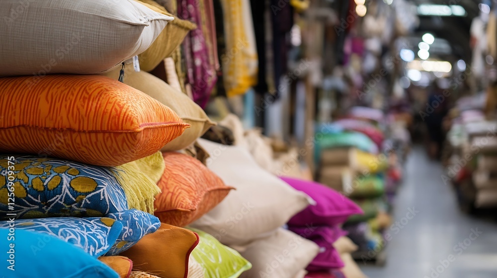 Fototapeta premium A vibrant display of colorful cushions stacked for sale in a busy market creating a cozy atmosphere : Generative AI