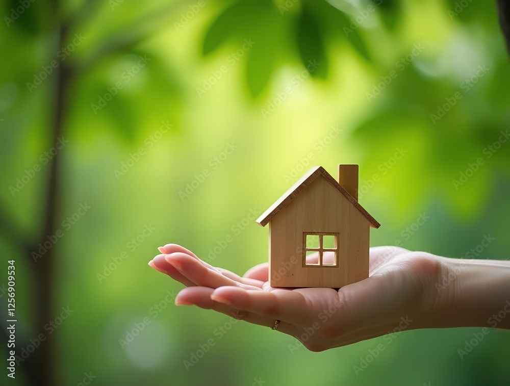 A miniature wooden house in hand, symbolizing care and protection. The green background emphasizes environmental friendliness and coziness. Ideal for advertising real estate and environmental projects A miniature wooden house in hand, symbolizing care and protection. The green background emphasizes environmental friendliness and coziness. Ideal for advertising real estate and environmental projects