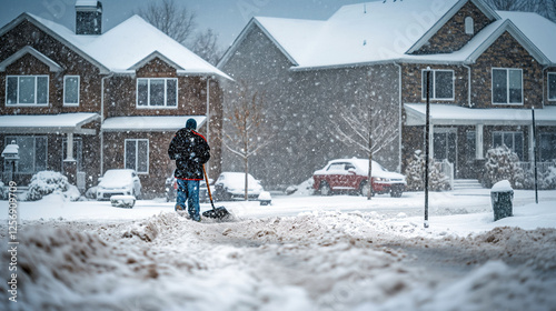Person shoveling heavy snow during intense winter storm in suburban neighborhood