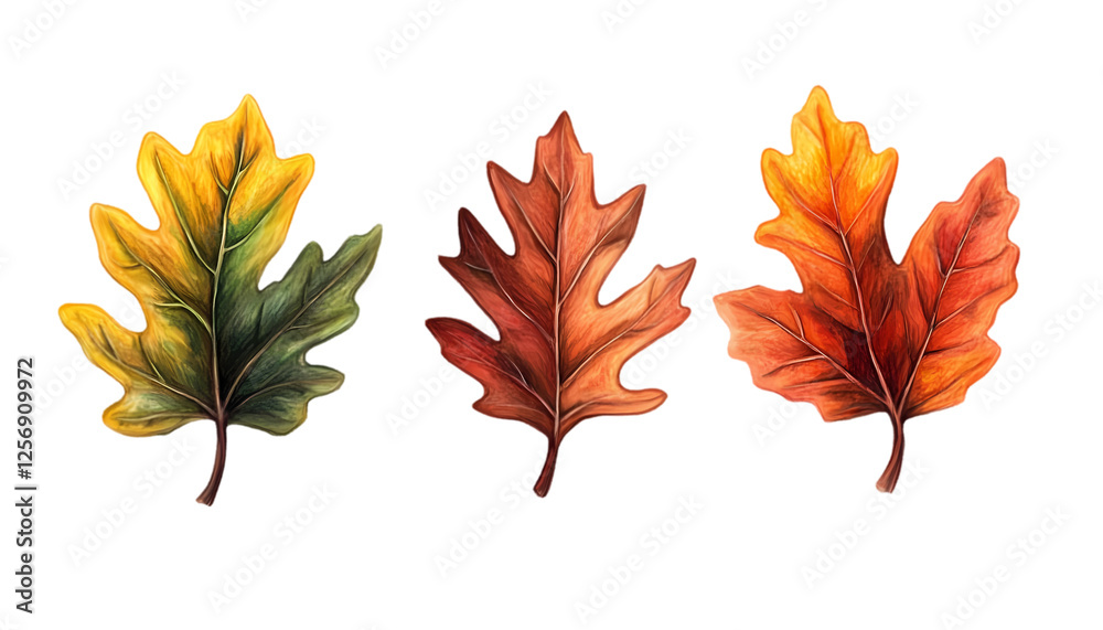 Elegant Oak Leaf Trio: A Botanical Line Art Drawing of Three Oak Leaves in Varying Sizes, Perfect   