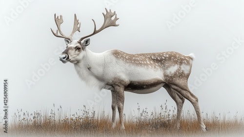 Majestic reindeer standing in a foggy landscape with delicate grass and soft light