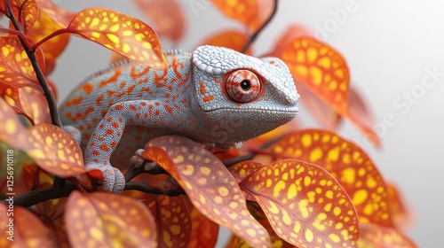 Colorful chameleon perched on vibrant autumn leaves, blending into its environment beautifully