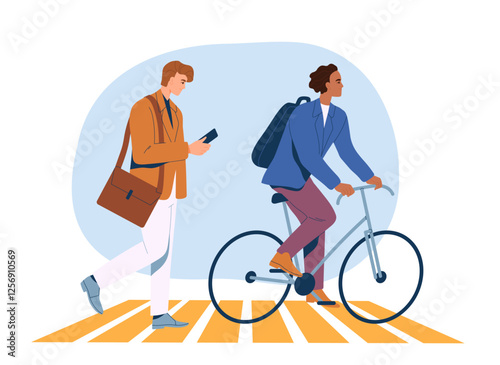 Business People Daily Routine. Employees or workers of company walking along crossroads and hurrying to office in morning. Lifestyle of clerks. Cartoon flat vector illustration isolated on background