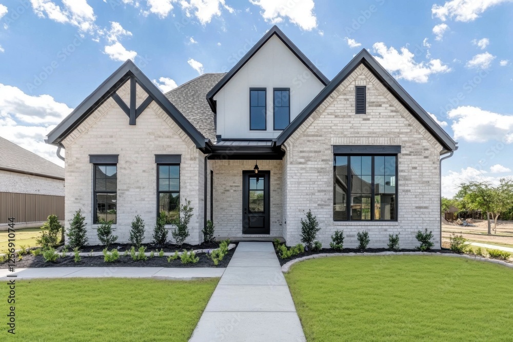 Modern residential architecture featuring a brick facade and landscaped yard in a sunny suburban neighborhood on a clear day Modern residential architecture featuring a brick facade and landscaped yard in a sunny suburban neighborhood on a clear day