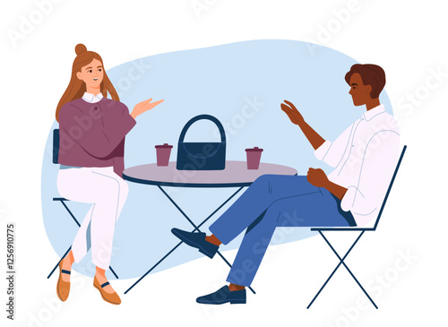 Business People Daily Routine. Smiling man and woman office workers sitting in coffee shop, talking and drinking coffee during lunch break. Cartoon flat vector illustration isolated on background