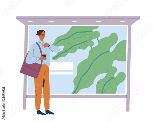 Business People Daily Routine. Male worker or entrepreneur stands at bus stop and waits for his bus to work. Company employee rushing to office. Cartoon flat vector illustration isolated on background