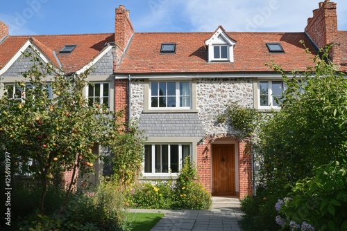 Charming English cottage with stone and red brick facade surrounded by lush greenery and colorful flowers in bright daylight