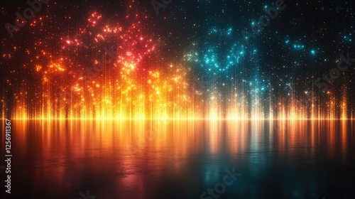Vibrant abstract light display reflecting on a calm surface, creating a mesmerizing atmosphere