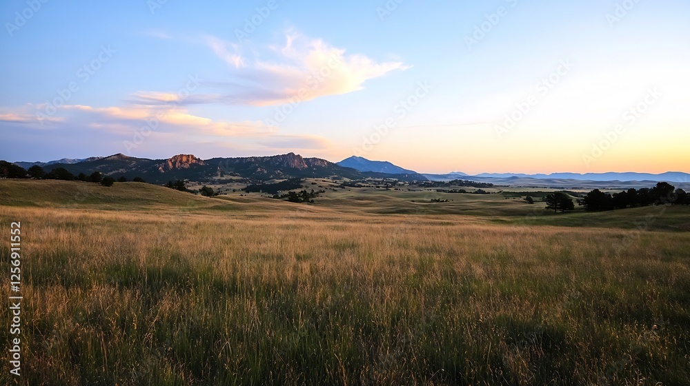 Golden Hour Light Illuminating the Serene Hills and Grassy Fields at Sunset with Colorful Sky : Generative AI Golden Hour Light Illuminating the Serene Hills and Grassy Fields at Sunset with Colorful Sky : Generative AI