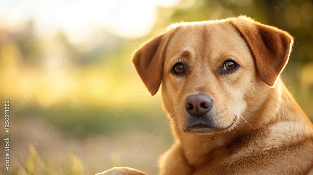 Thoughtful looking yellow Labrador retriever relaxing in a sunlit setting with a calm demeanor and natural background : Generative AI Thoughtful looking yellow Labrador retriever relaxing in a sunlit setting with a calm demeanor and natural background : Generative AI