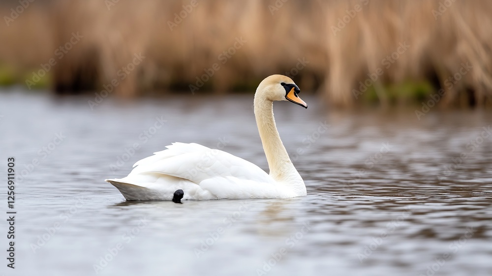 Elegant swan gracefully swimming in calm water surrounded by natural reeds : Generative AI Elegant swan gracefully swimming in calm water surrounded by natural reeds : Generative AI