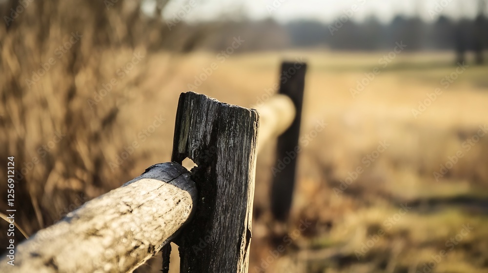 Rustic wooden fence post with a blurred background of farmland and trees in the distance : Generative AI Rustic wooden fence post with a blurred background of farmland and trees in the distance : Generative AI