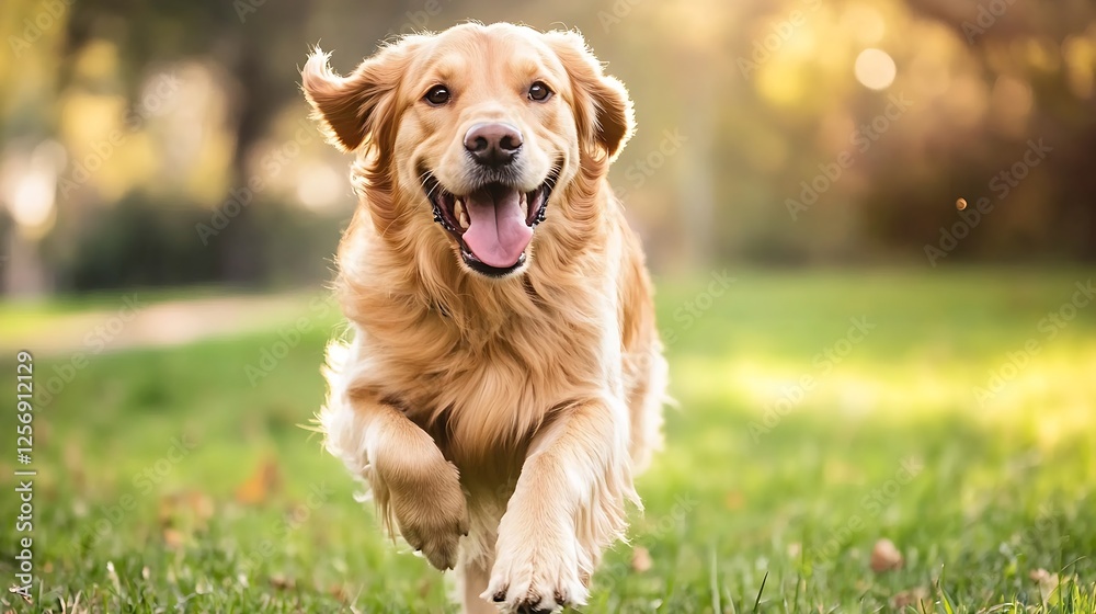 Happy golden retriever running joyfully in a green park during a sunny day with a smile : Generative AI Happy golden retriever running joyfully in a green park during a sunny day with a smile : Generative AI