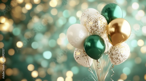 Elegant gold and green balloons float against a bokeh background